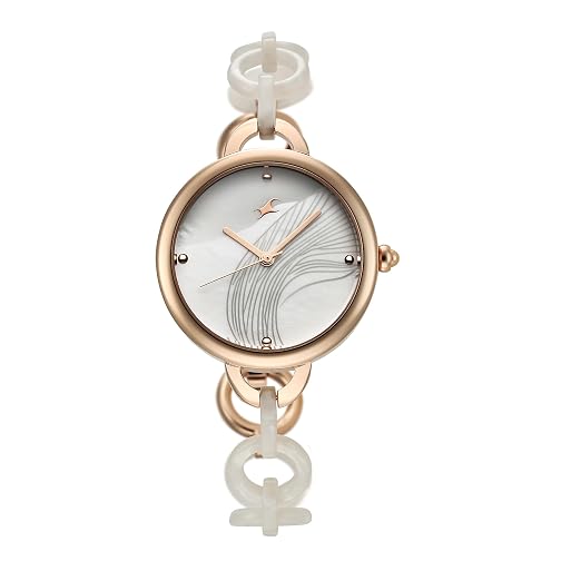 Fastrack Younique Quartz Analog Mother of Pearl Dial Two Toned Pink Acetate & Rose Gold Metal Strap Watch for Girls - 68037KD01