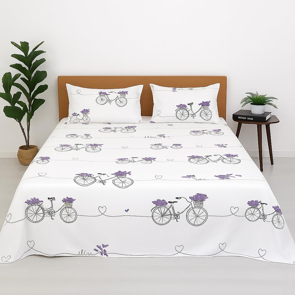 Cottingtone Lane King Bed Sheet - Soft Microfiber Bedding with City Bicycle Design | Comfortable, Durable & Easy to Maintain for Home, Hotel, and Guest House