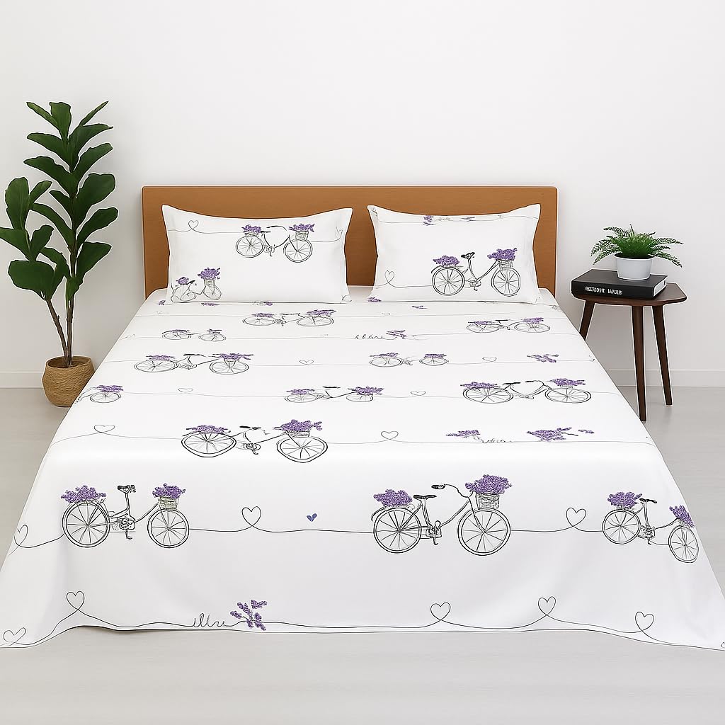 Double Bed Sheet Cycle Print Bedsheets with 2 Pilow Cover for Kids Girls Teens Room Décor (City Bicycle)-image-38