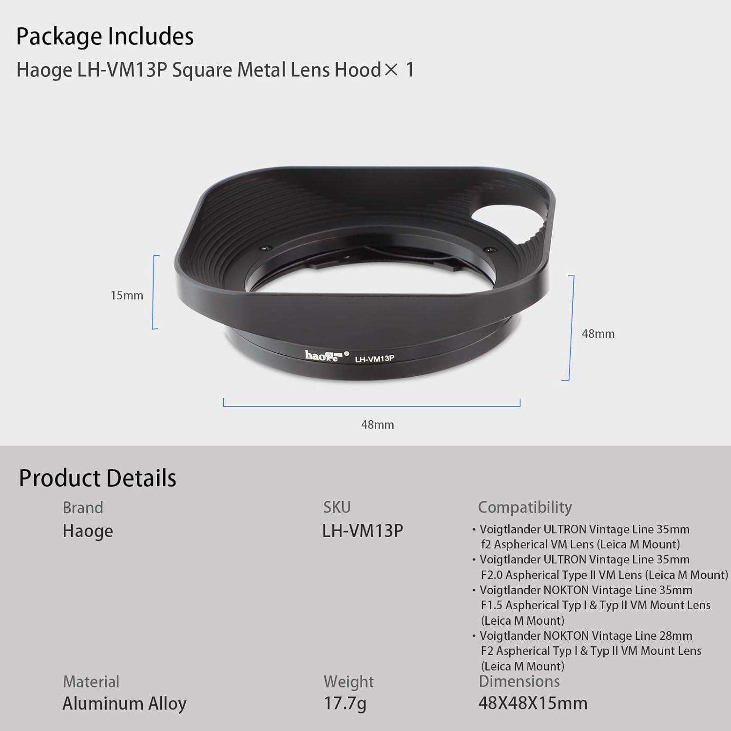 Haoge Square Metal Lens Hood for Voigtlander 35mm F2.0 35mm F1.5 28mm F2.0 Type I & II Ultron Aspherical Vintage Line VM Mount Lens LH-VM13P Bayonet Design Replace LH-12 LH-4N
