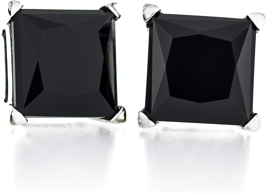 Acacia Jewelry 2.50 Carat (ctw) Square Shape Diamond Cut 6x6mm Onyx Black Color Nano Gems CZ 925 Sterling Silver Heavy Mounting Stud Earrings Rhodium Plated