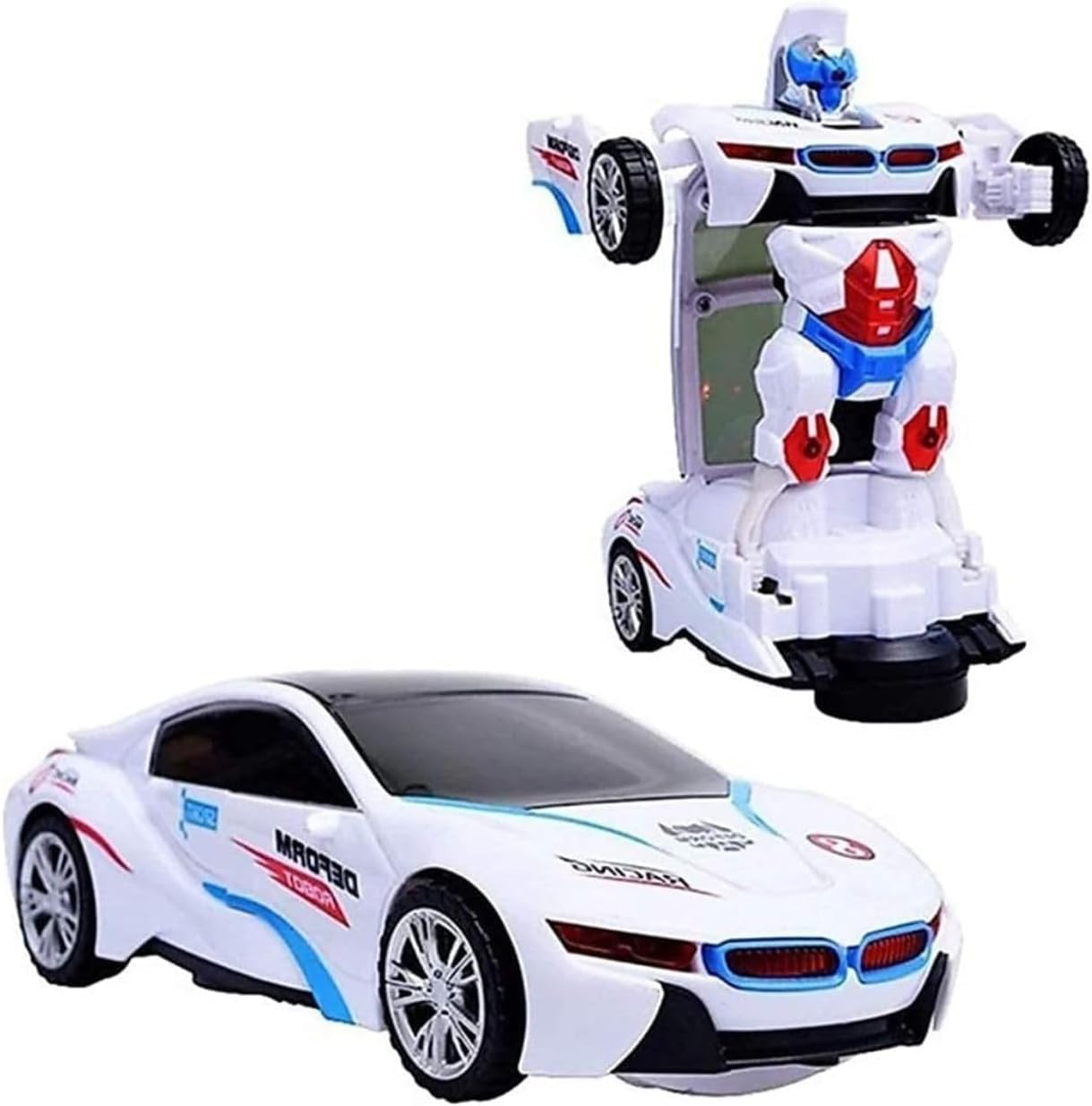 AMTOYS 2-in-1 Transforming Robot Car – Automatic Bump & Go Racing Toy with 3D LED Lights & Music – Interactive Battery Operated Vehicle for Kids – Deforming Action Robot