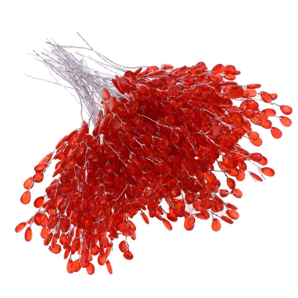 LOOM TREE 50pcs Artificial Flower Stem with Crystal Acrylic Bead Drop 15cm Red