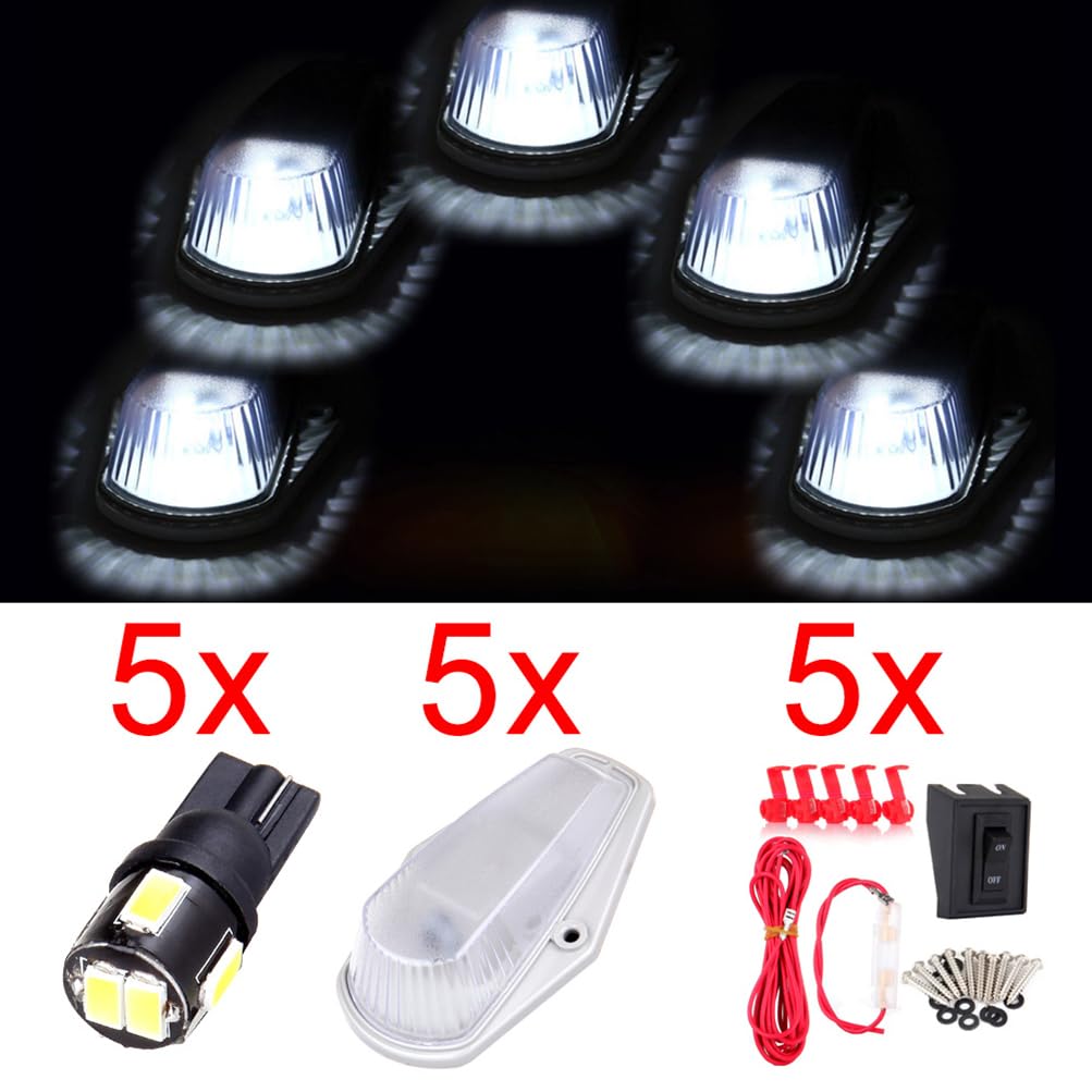 cciyu 5x Clear Cover Cab Roof Running Lights Assembly Wiring Pack +White 6-5730-SMD LED Clearance Marker Lights Cab Marker Light Assembly for 1973-1997 Ford F150 F250 F350 Super Duty Truck