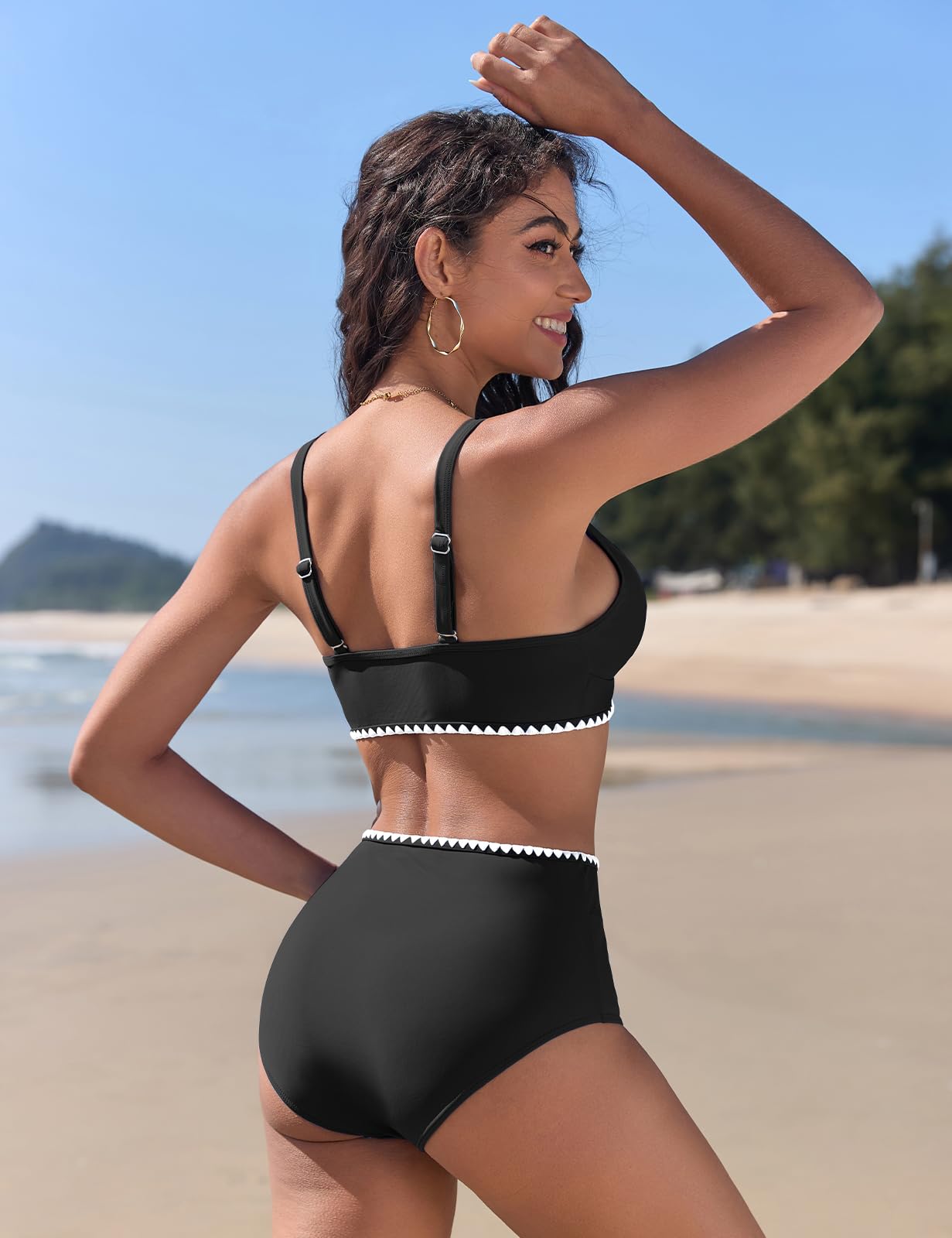 Maillot de Bain Femme 2 Pieces Taille Haute Bikini Set Col V Ensemble Chic et Elegant avec Dentelle Blanche