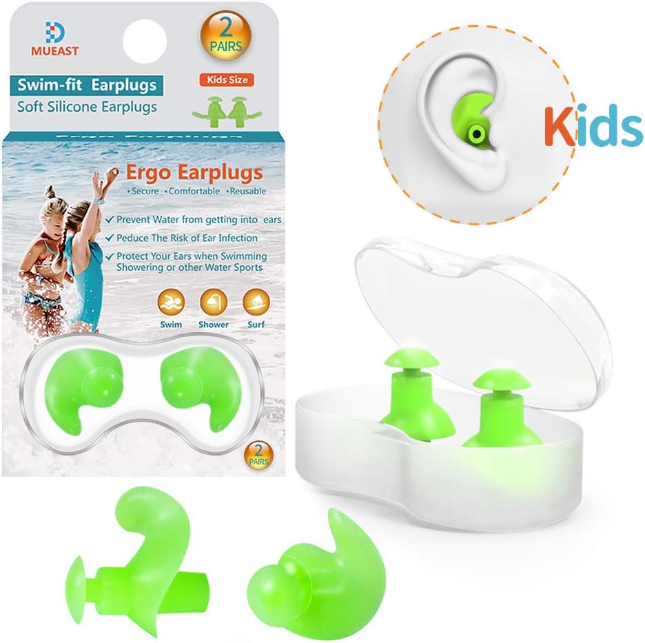 Upgraded Swimming Ear Plugs for Kids, 2 Pairs Waterproof Reusable Silicone Ear Plugs for Swimming Diving Children Molded Professional Soft Flexible Showering Surfing and Other Water Sports - Green