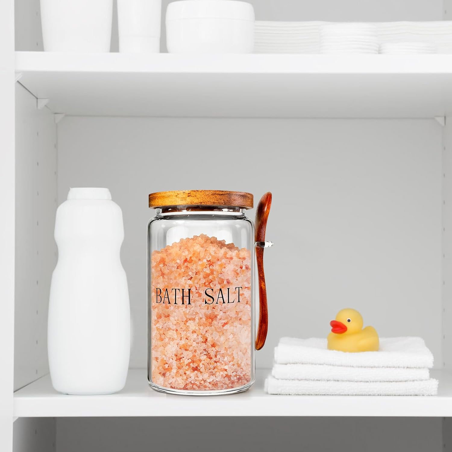 BKYFPQ 74 oz Glass Bath Salts Jar,Bath Salt Container with Wooden Lid and Scoop for Bathroom Organizers and Storage,Home Decor,Bathtub Accessories for Women