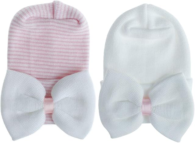 MASOCIO Newborn Baby Girls Hats Cotton Hospital Hats with Bow Stretchy Soft Knitted Hats 0-3 Months (Pack of 2)