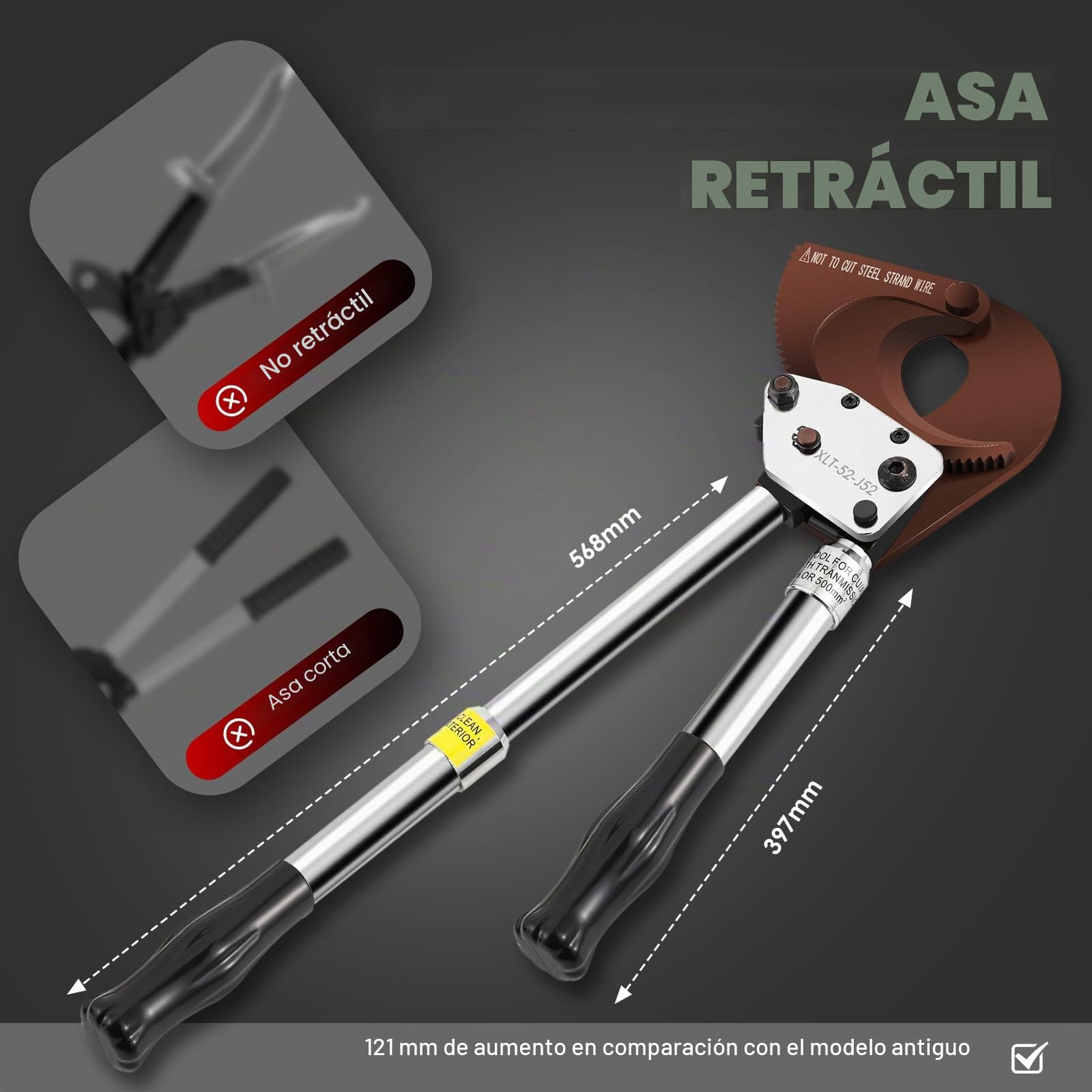 NEWTRY Cortador de cable de trinquete de uso pesado para cortar cables blindados de cobre y aluminio de hasta 500mm², herramienta eficiente para cortar cables (J52)