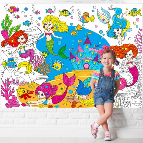 Image of Tevxj Mermaid Coloring Poster for Kids Giant Coloring Poster Summer Party Decoration Games Coloring Tablecloth Books Huge Large Pages Sheets Paper Roll for Craft Activity Classroom Supplies