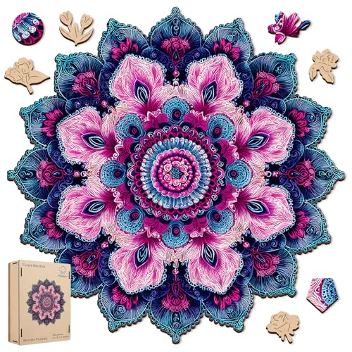 Pikoqunc Wooden Puzzles Mandala Purple Flower Rompecabezas de Madera con 205 Piezas | Piezas Únicas, Juego de Desafío para la Familia 11.2"x11.2"