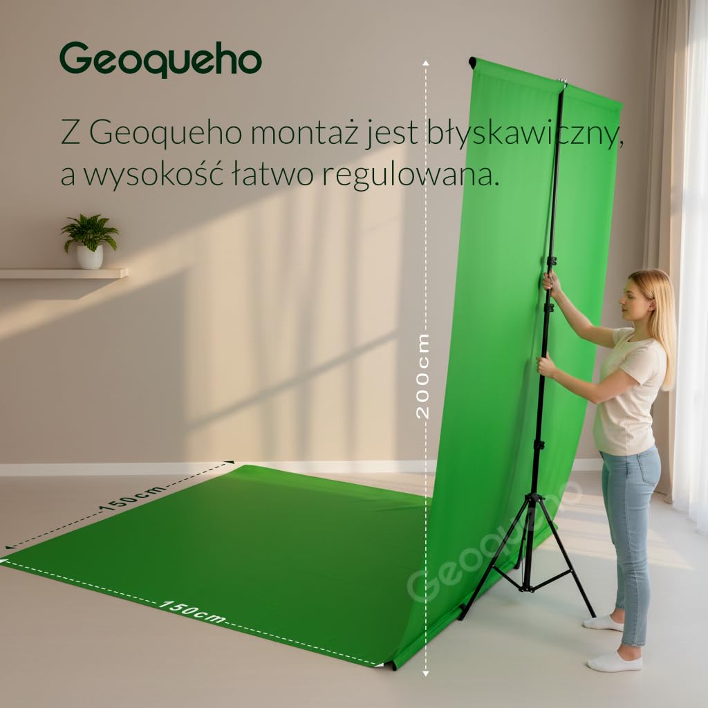 Zielony Ekran Tło do Zdjęć i Wideo ze Stojakiem 3.5x1.5m – Bez Zagnieceń, Przenośny Zestaw Chromakey do Streamingu, Gaming, YouTube, Zoom, Nagrywania, Fotografii (150x350cm)