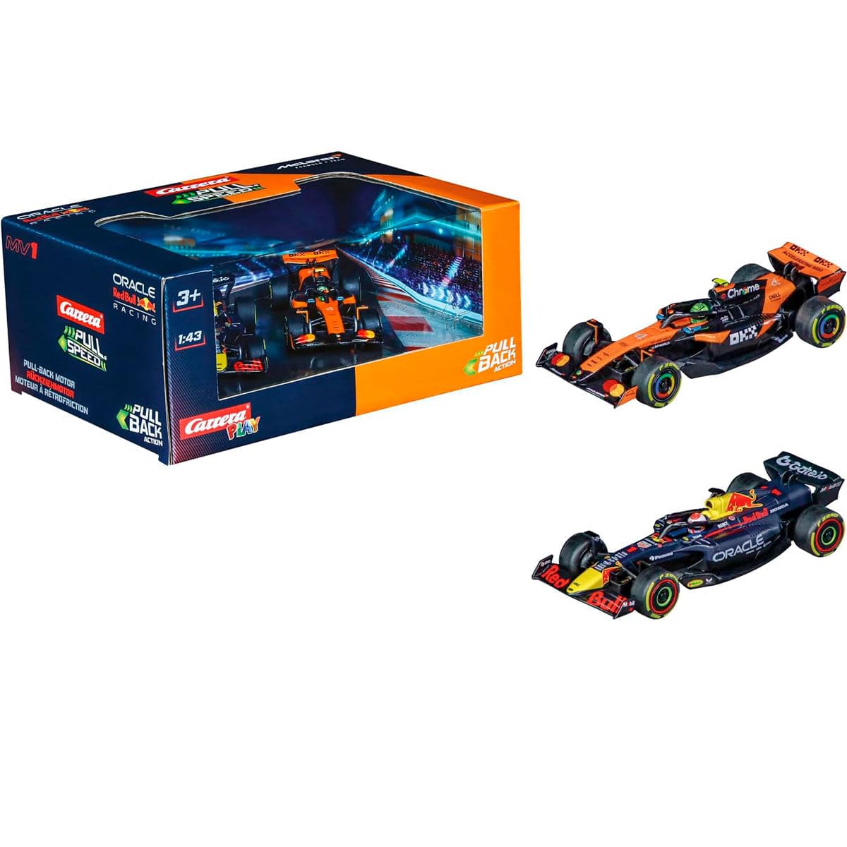 Pull & SPEED Carrera Formula 1 Twinpack 2025 F1 Cars with Pull-Back Motor, Scale 1:43, Includes Oracle Red Bull Racing RB21 M. Verstappen, No.1 & McLaren MCL39 L. Norris, No.4, from 3 Years