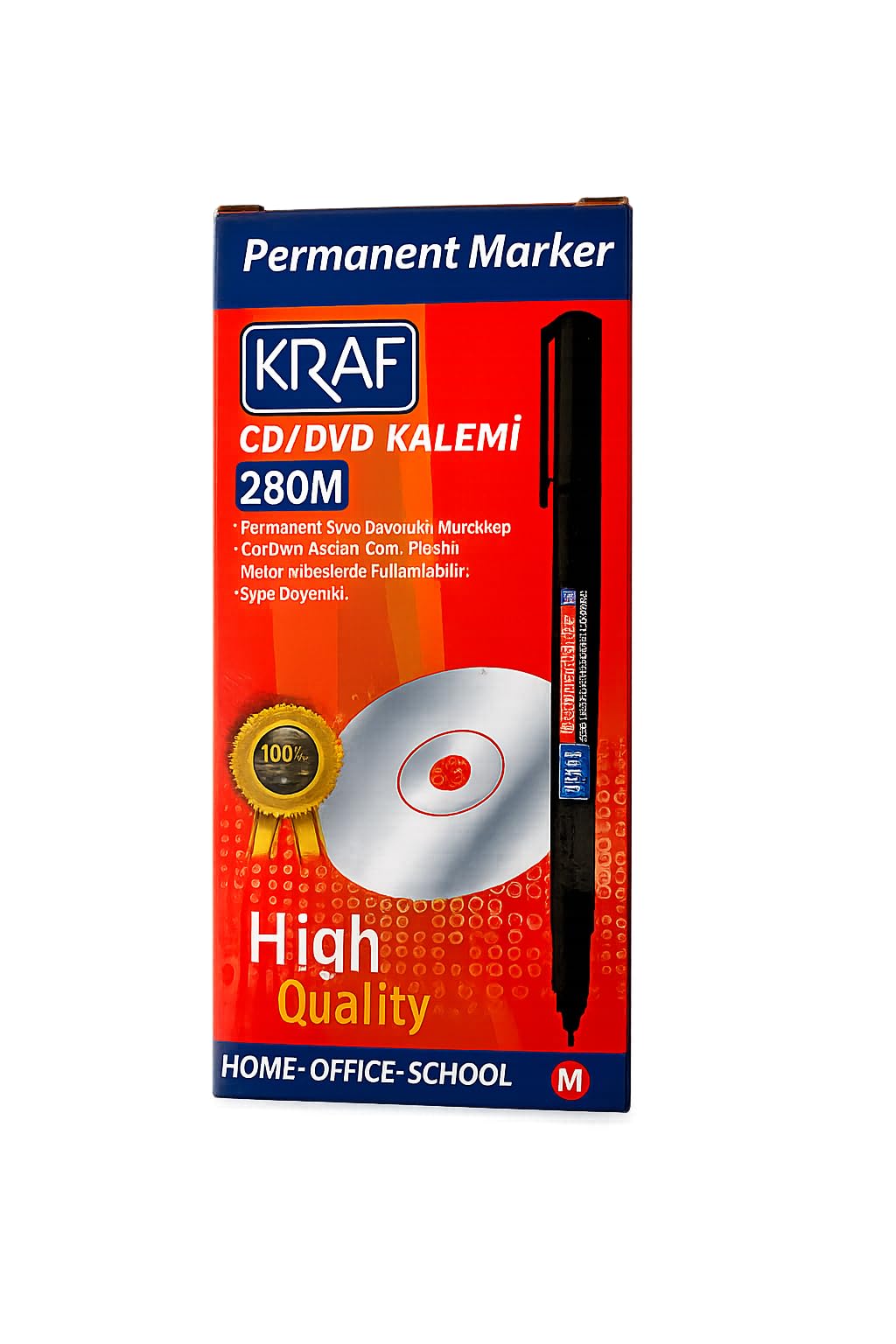 Kraf Permanent Marker CD/DVD Kalemi 280M, Mavi, Orta Uç, Cam-Plastik-Metal Yüzeyler için, 12'li Paket