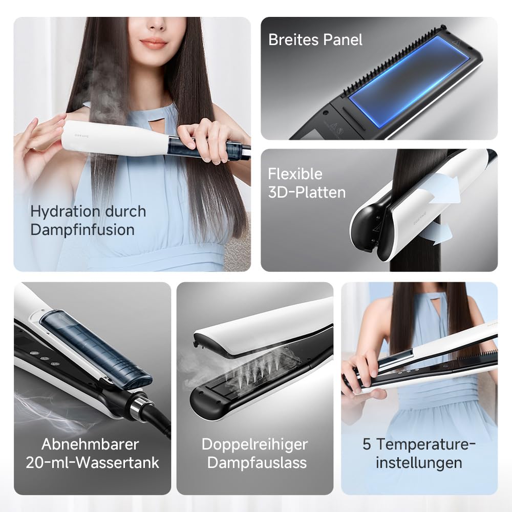 DREAME AuraSteam Straight Haarglätter, 2-reihiges Dampfstyling mit Pflege | Glatt & Locken,Breiteres Glätteisen,Abnehmbarer 20-ml-Wassertank,5 Temperaturen bis 220 °C. 3D-Flexplatte