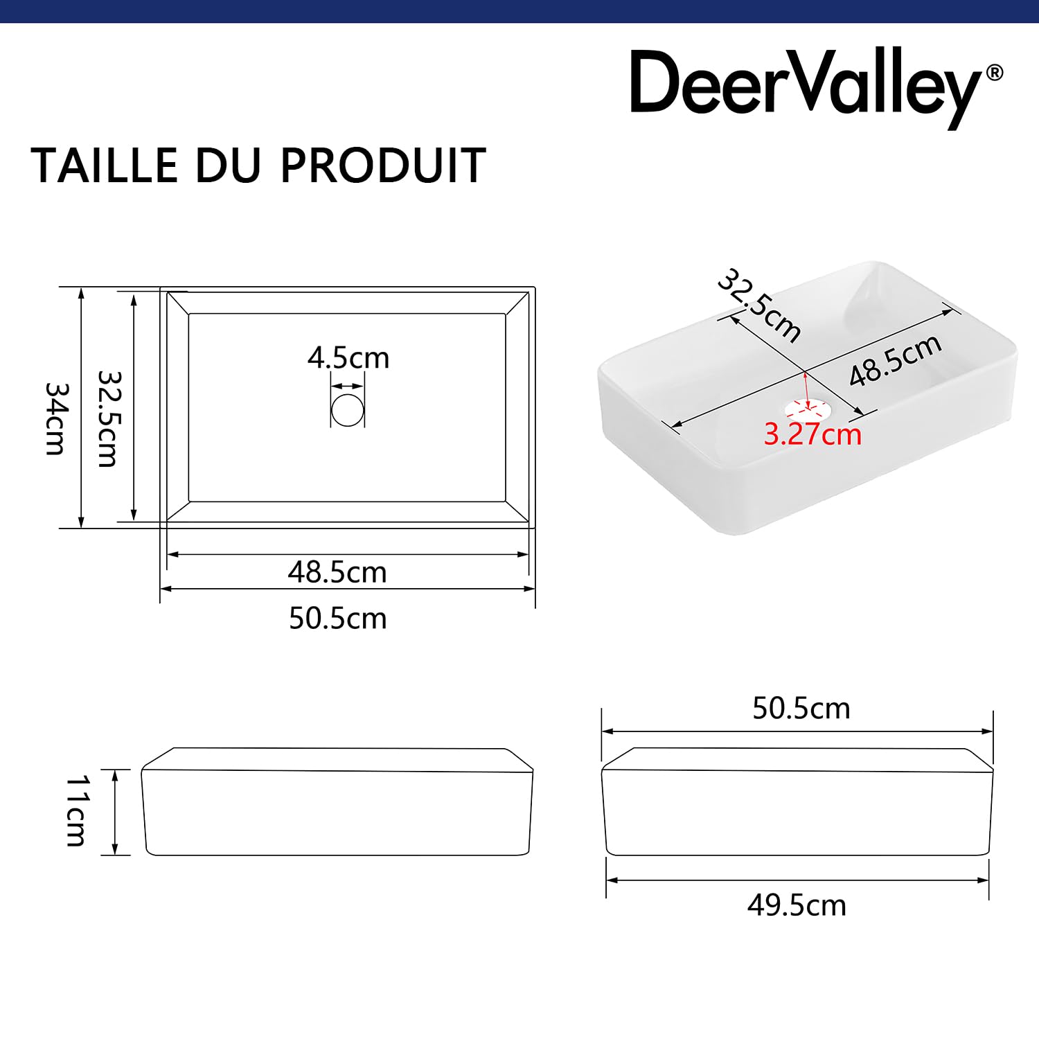 DeerValley Vasque à Poser,Lavabo Rectangulaire en Céramique Blanc pour Salle de Bains et WC, 505 x 340 mm