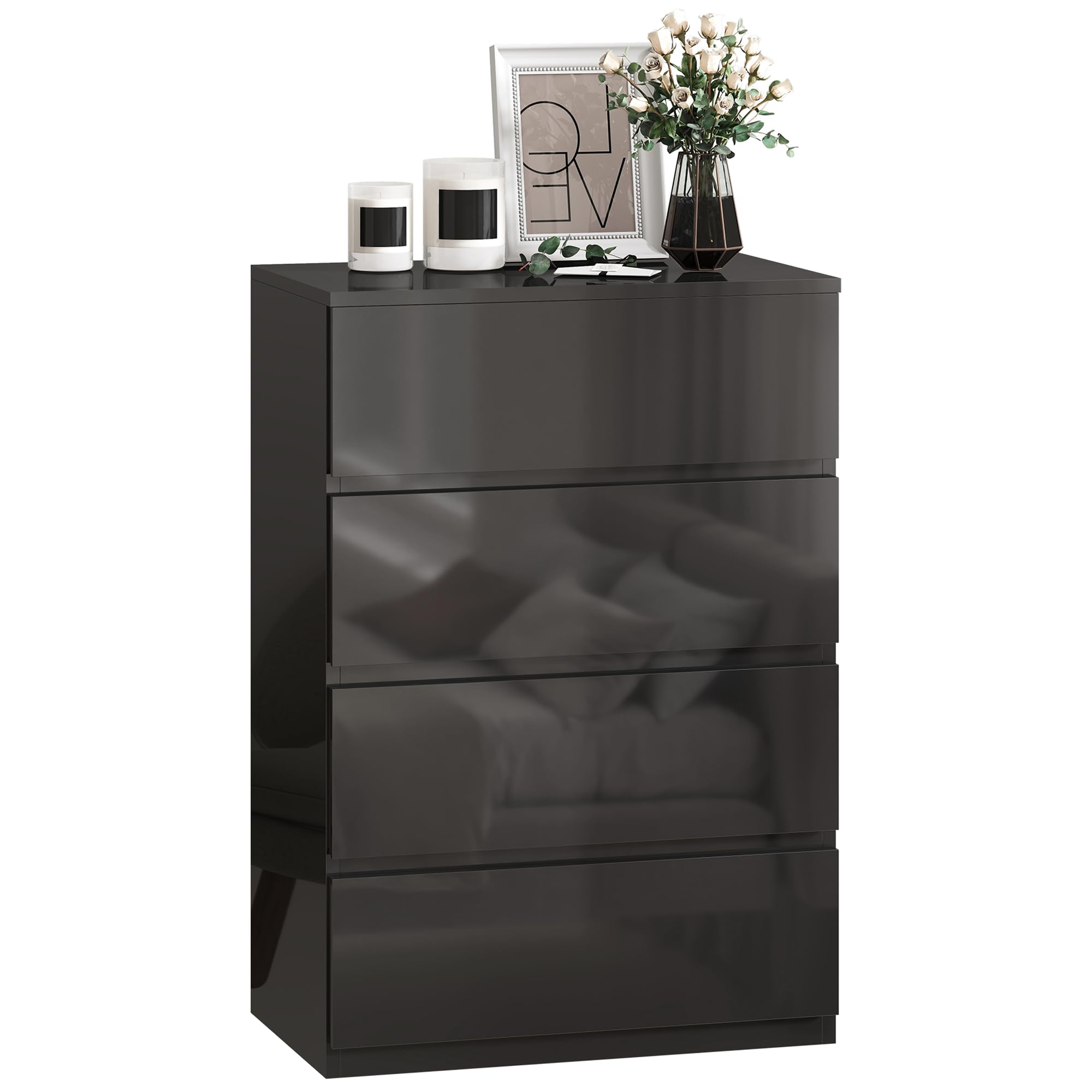 HOMCOM Chest of Drawers, 4 Drawers Storage Cabinet Floor Tower Cupboard for Bedroom Living Room, High Gloss Black