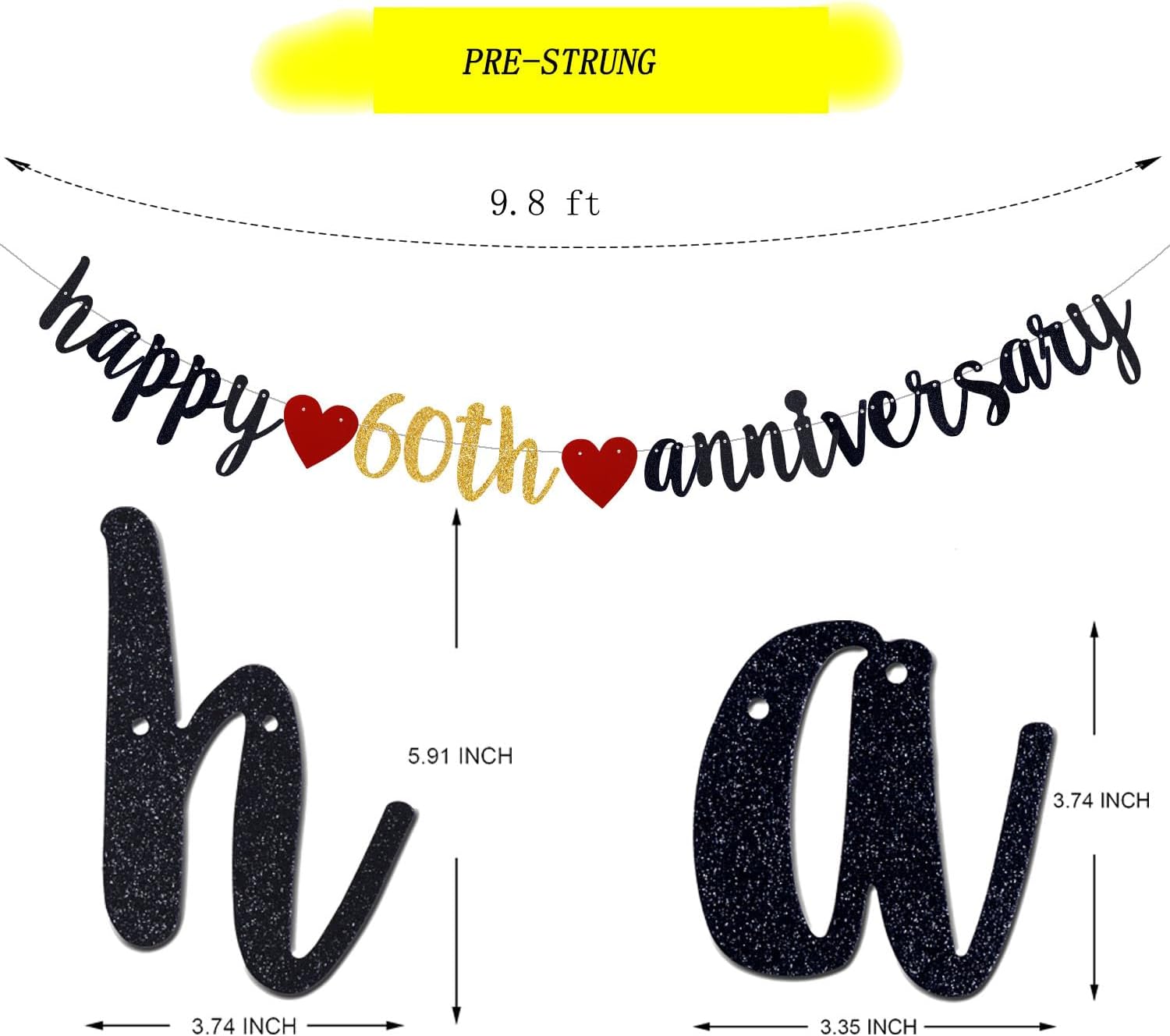 Happy 60th Anniversary Banner, 60th Birthday, Wedding Party Bunting Decoration (Black & Gold, 18 inches x 118 inches) - Image 2