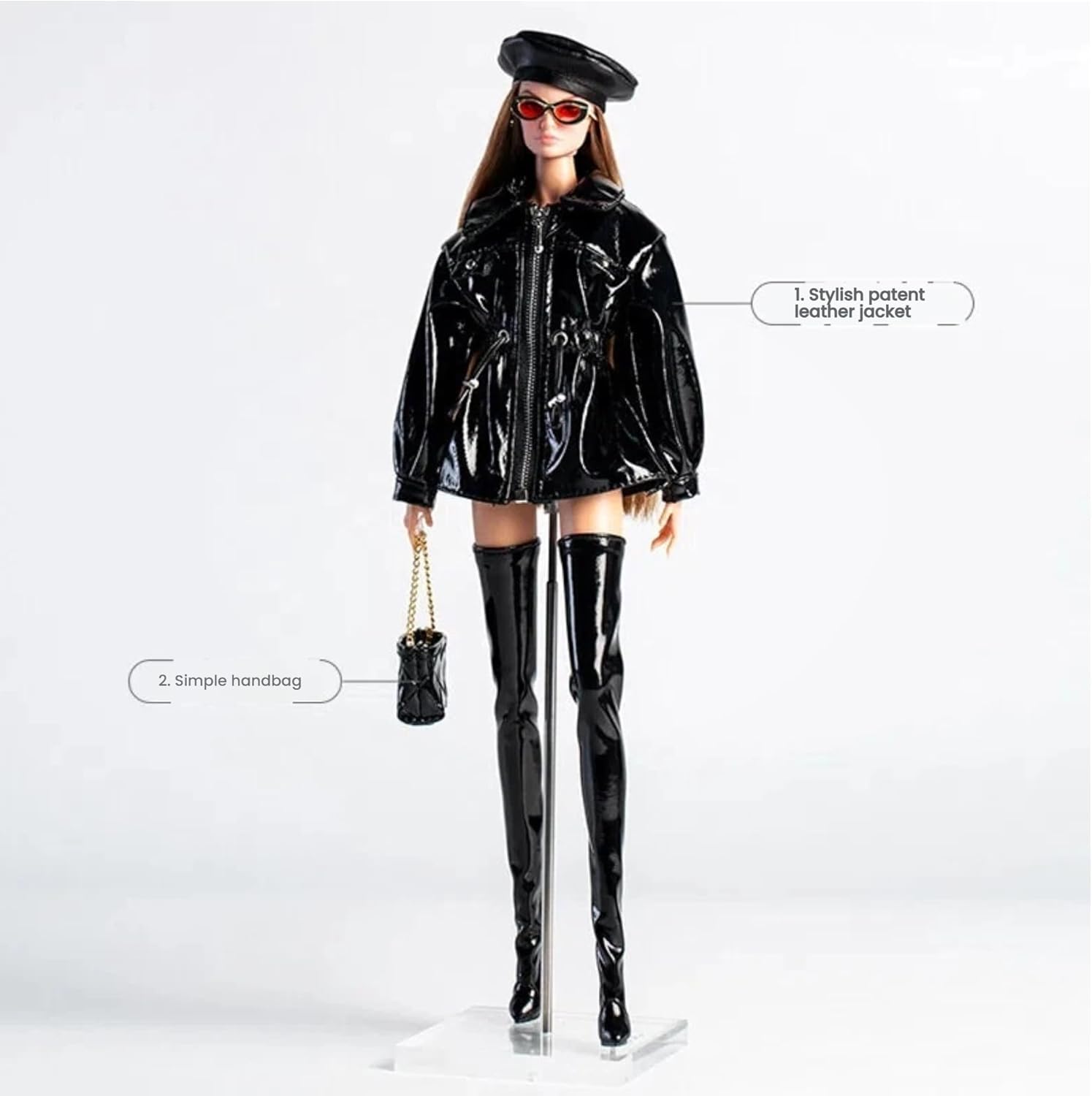 Fashion Doll Patent Leather Jacket and Purse Set, Black Glossy Outfit with Zippers for 11.5-12 inch Dolls, 1/6 Scale BJD Accessories 2pieces