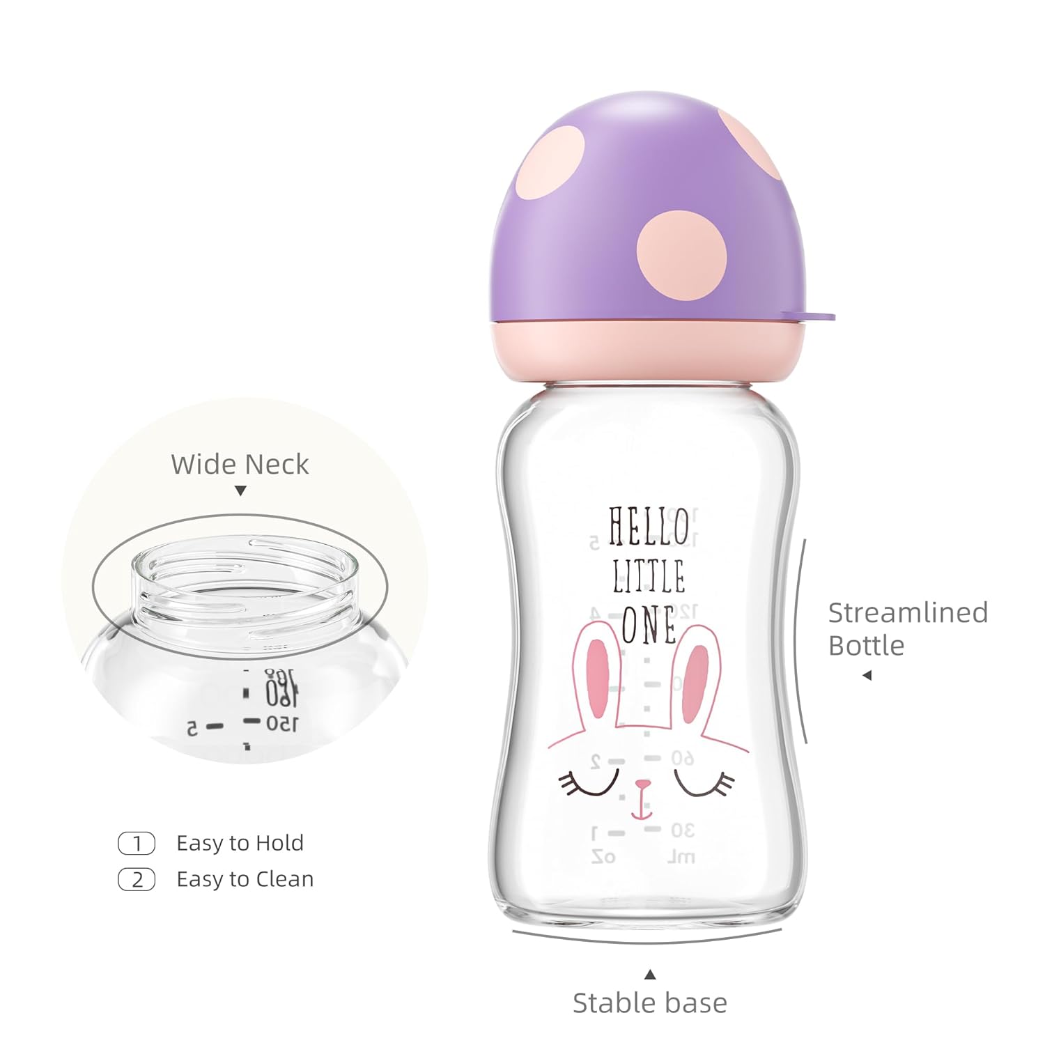 YOHKOH Natural Glass Baby Bottle with Level 1 Slow Flow Nipple, Newborn Anti-Colic Baby Bottles, Wide Neck Mushroom Baby Glass Bottle ((5.4oz (Pack of 4), Purple)