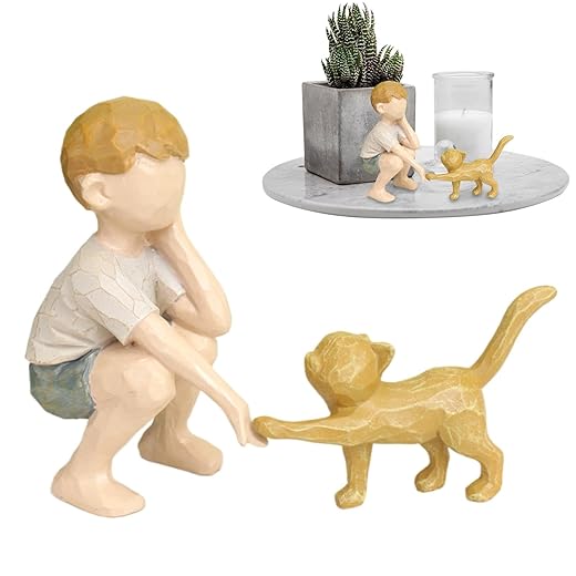 Cat Figurines Hand Painted Resin Boy and Cat – 10 x 10 x 11.5 cm