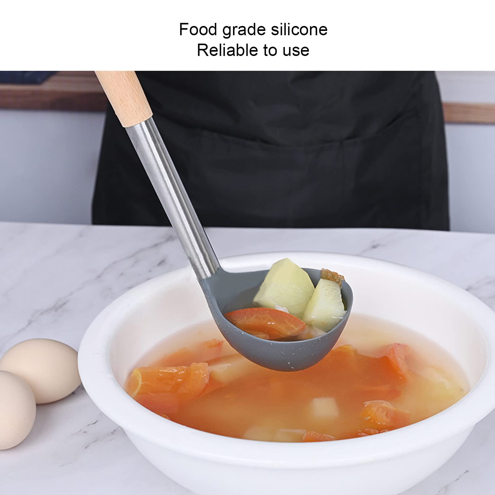 Soup Ladle, Silicone Ladle Spoon for Cooking Soup Spoon with Wooden Handle Silicone Large Spoons Unbreakable Big Round Scoop for Stirring, Serving Soups