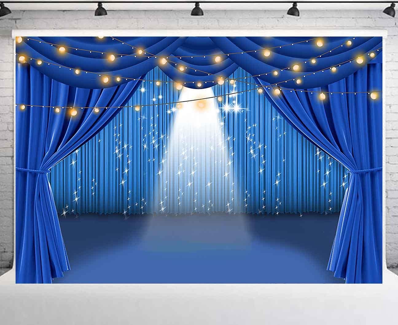 7x5ft Blue Curtain Stage Backdrop, Polyester Theater Stage Spotlight Background, Photo Studio Props PTBLYPH2