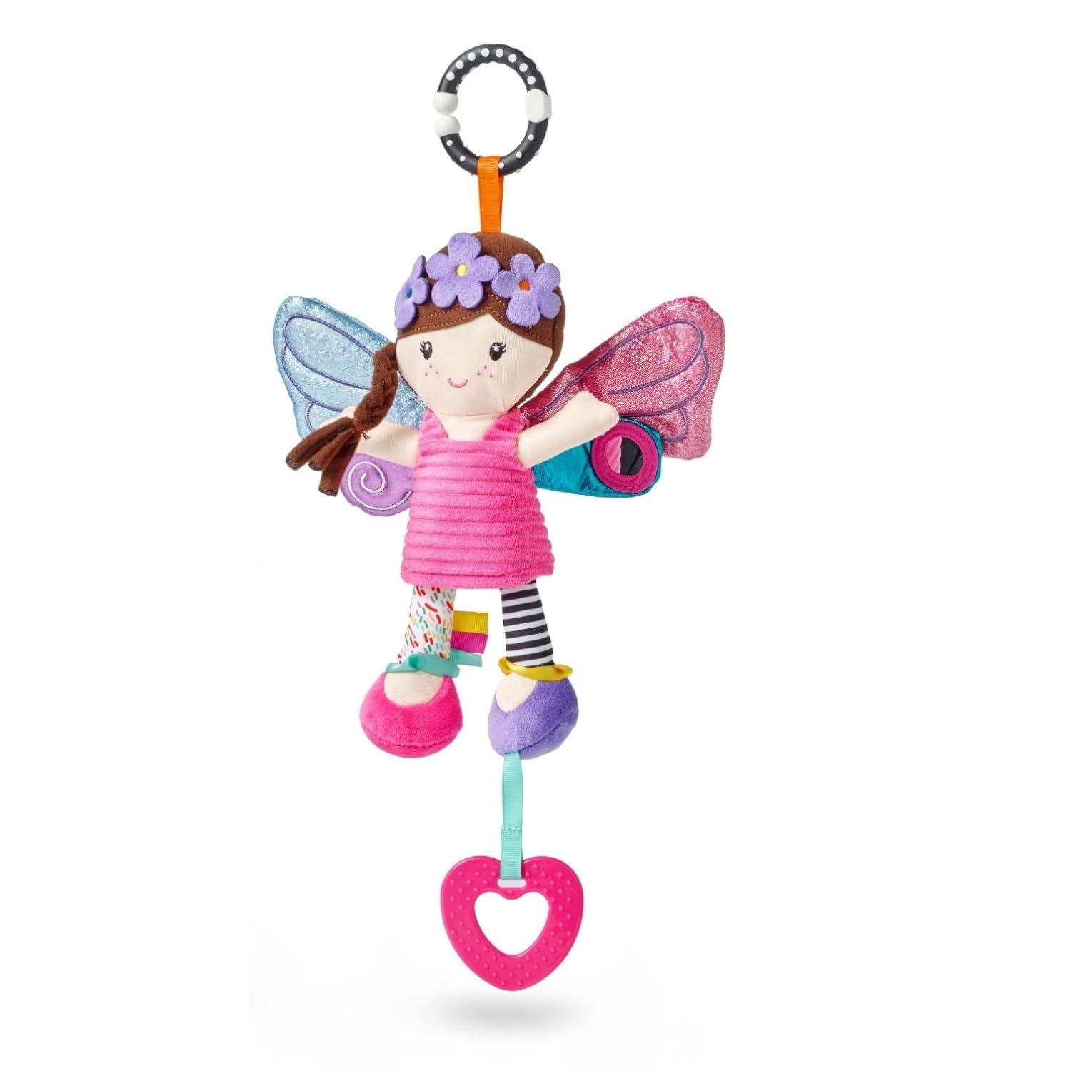 Nuby Things with Wings Baby Pram Toy - Sensory Colourful Fairy Pram Toy with Baby Safe Mirror | Teething Toy | Universal Clip (Hattie)