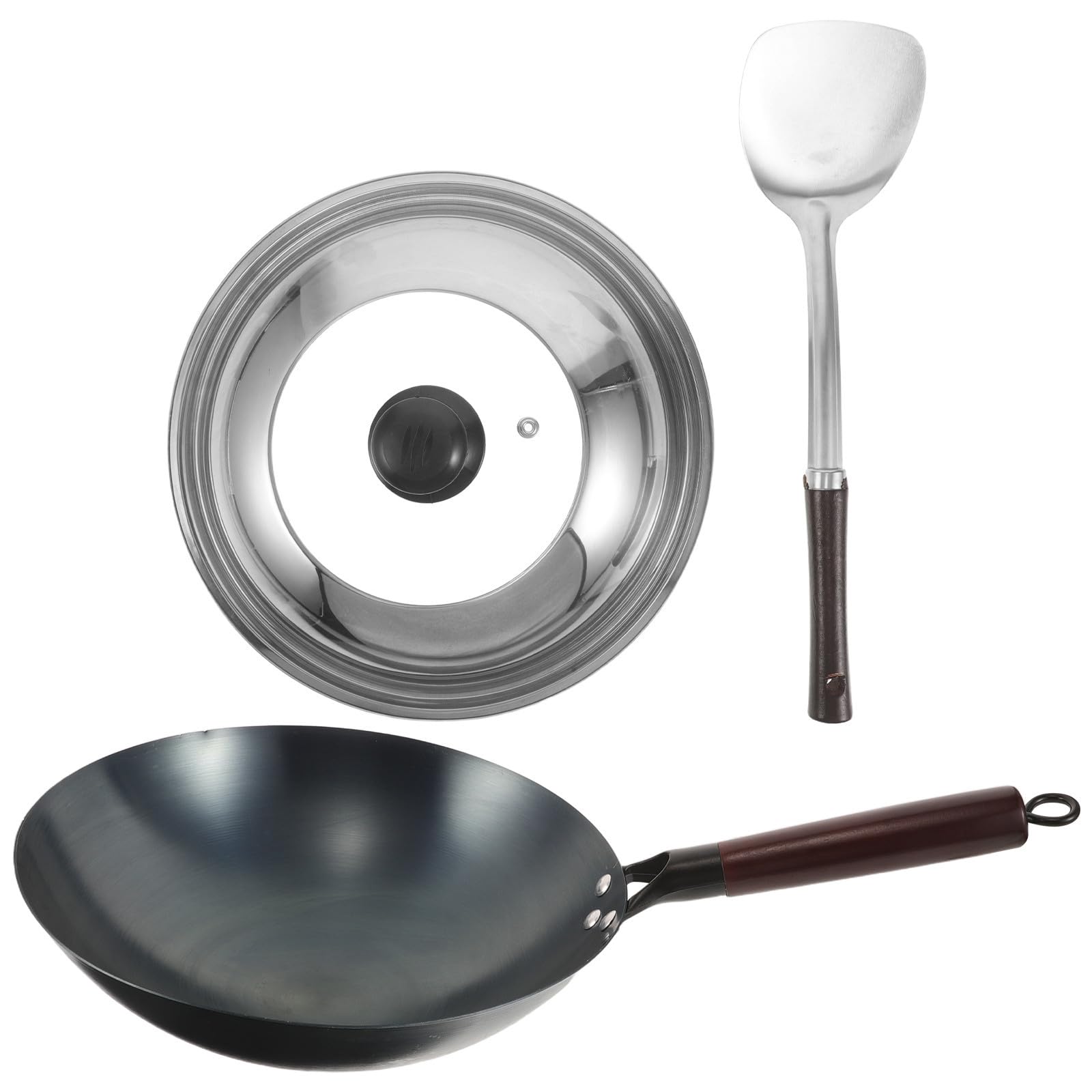 SHINEOFI Wok da Cucina in Ferro Nero con Manico in Legno, Fondo Circolare