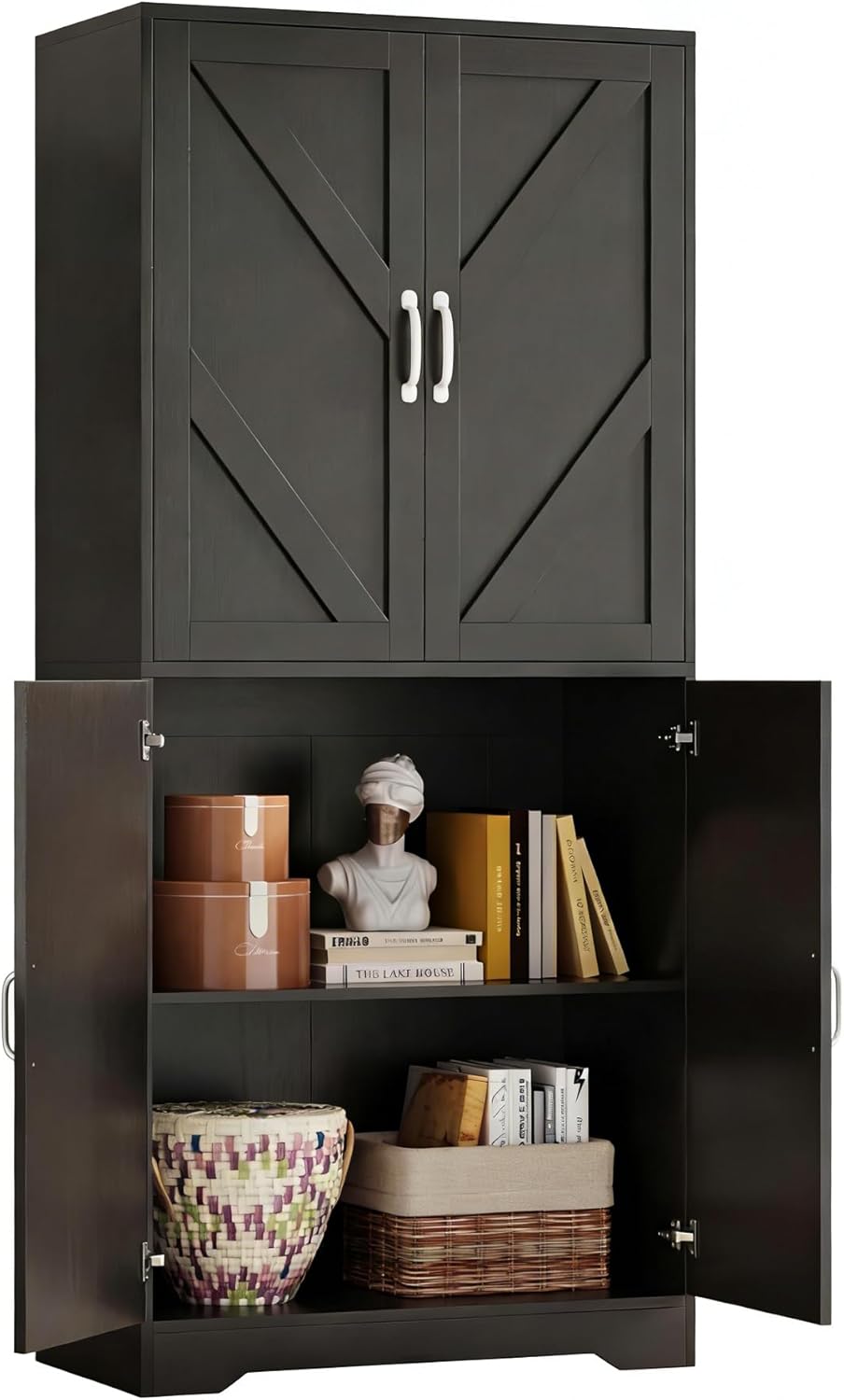 GarveeLife 70" Farmhouse Kitchen Pantry Cabinet, Freestanding Storage Cabinet with 4 Doors & 3 Adjustable Shelves, Tall Pantry Organizer for Kitchen, Dining Room or Living Room, Black