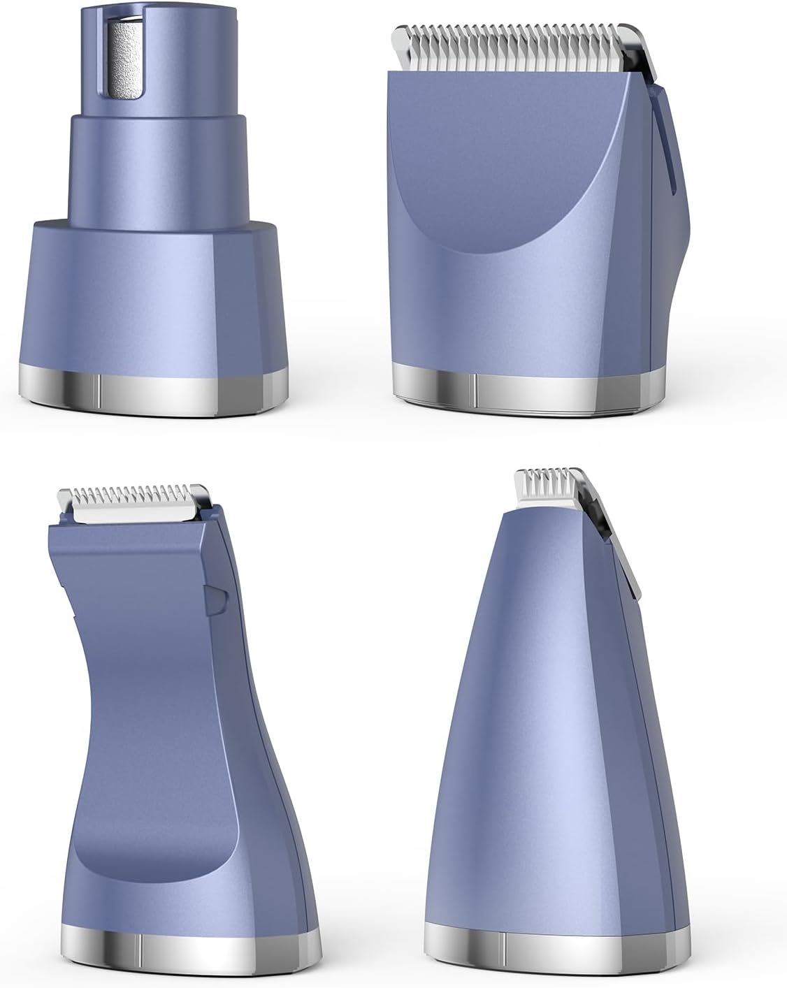 Four interchangeable cutter heads for the oneisall dog clippers, including a standard clipper, a detail trimmer, a paw trimmer, and a nose/ear trimmer.