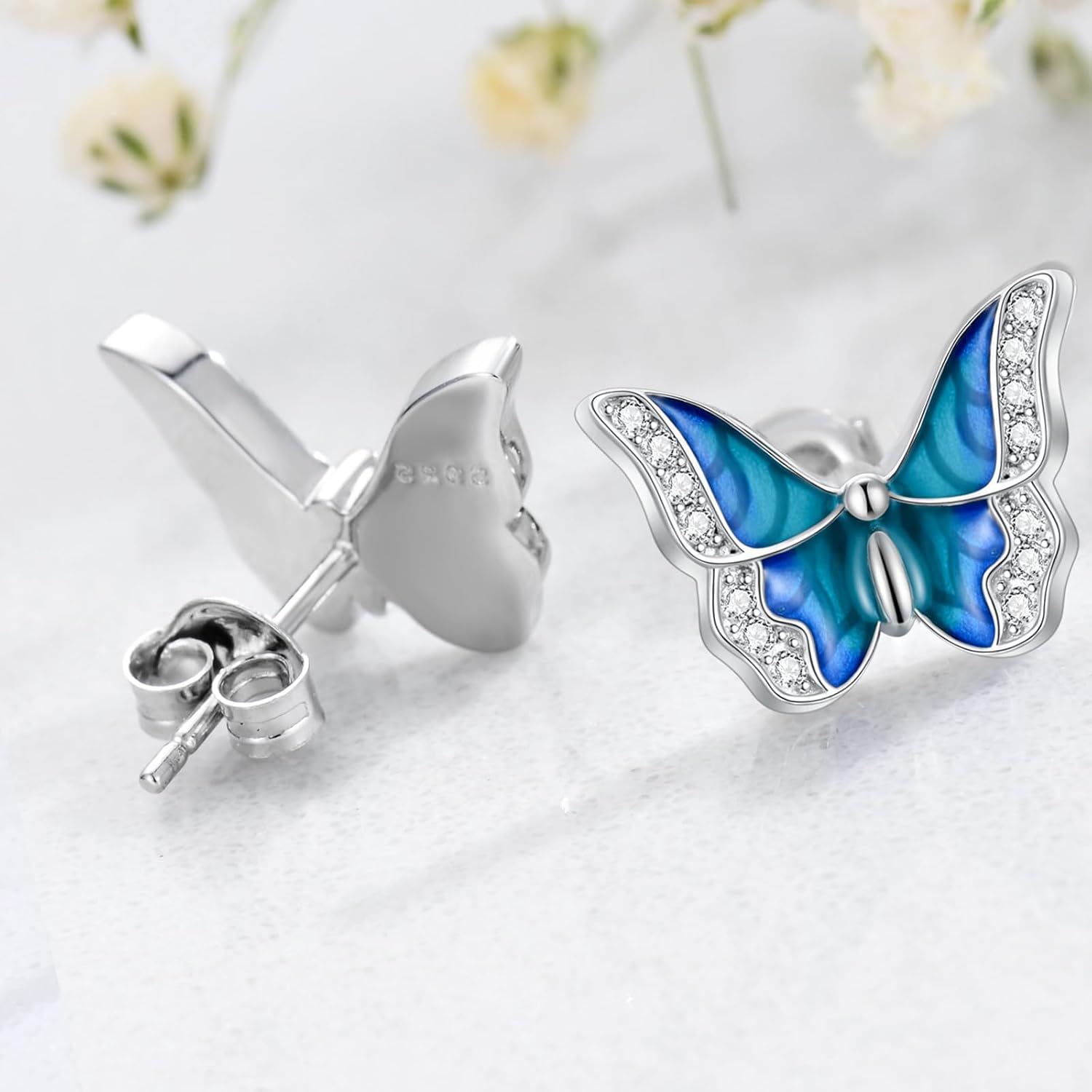 Butterfly Stud Earrings for Women 925 Sterling Silver Enamel Blue Butterfly Earrings Studs Jewelry Gifts for Mom Wife - Image 3