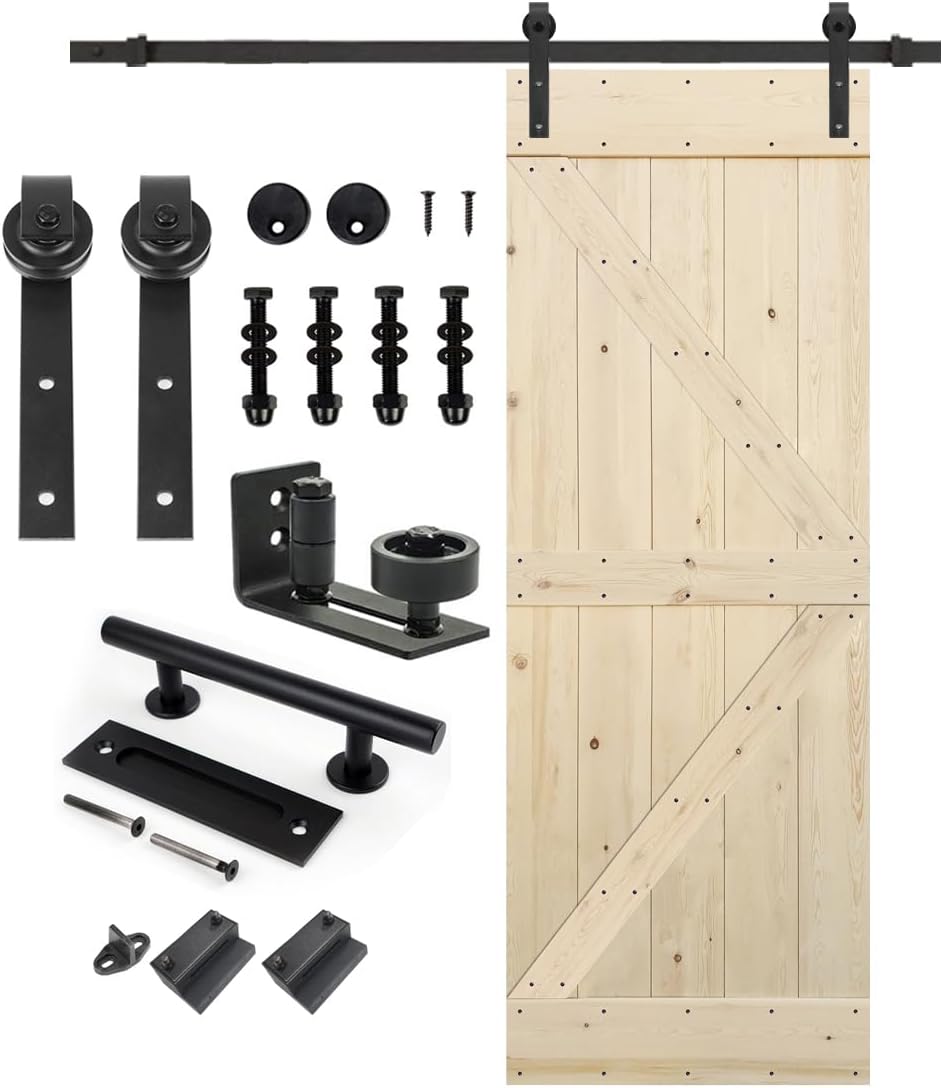 S&Z TOPHAND 30 in. x 84 in. Unfinished Knotty Barn Door with 5FT Sliding Door Hardware Kit/American Traditional Country Style/Solid Wood/Sliding Door/Single Surfaces