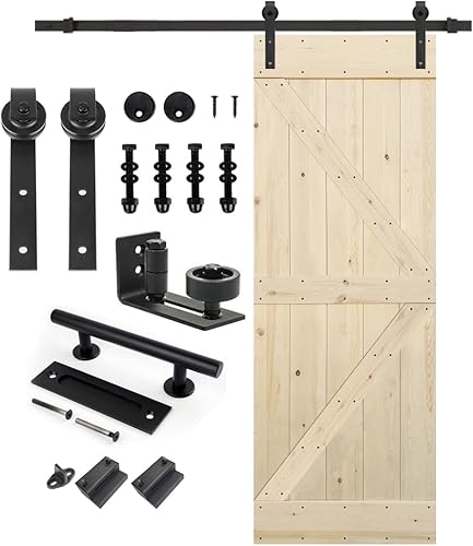 Miniatura 22 de S&Z TOPHAND 48" x 80", Puerta estilo granero British Brace de madera nudosa, sin terminar, con kit de herrajes para puerta corredera de 8', madera