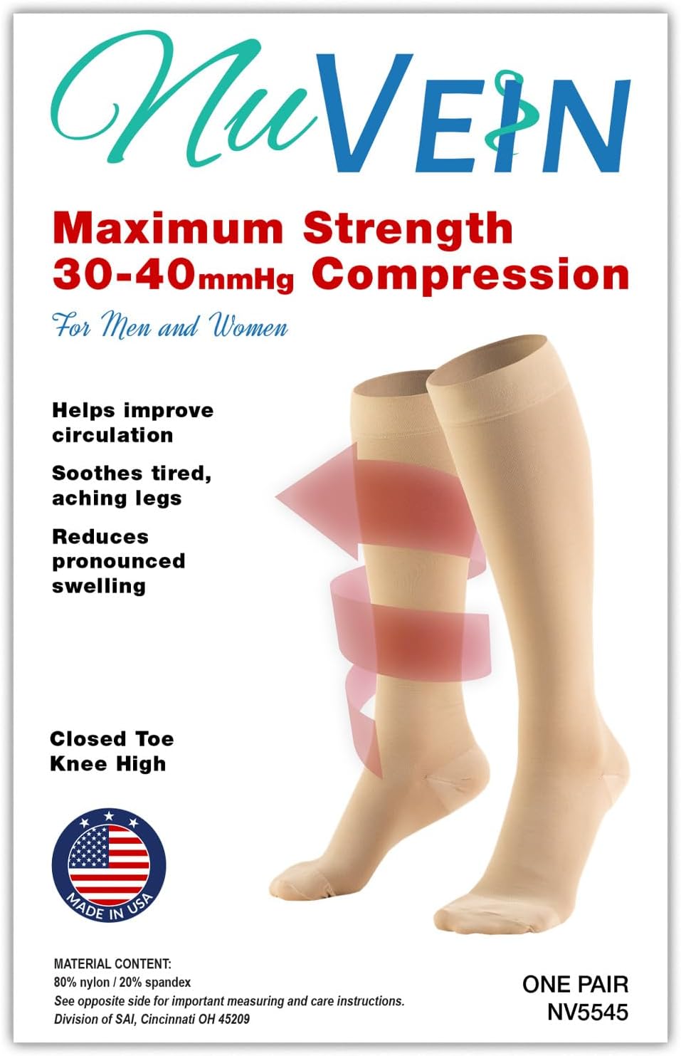 NuVein Medical Compression Stockings, 30-40 mmHg Support, Women & Men Knee Length, Closed Toe, Beige, Medium (short length)
