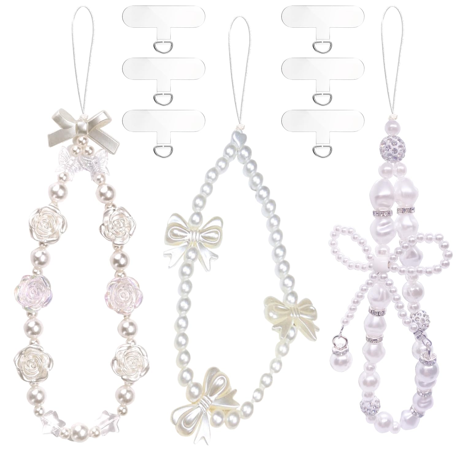 FAURAPMNG 3 Stuks Telefoon Polsband Kralen Parel Boog Knop Bedelriem, Schattig Bloem Boog Y2k Lanyard met 6 Stuks Telefoon Tether Tab voor Camera Sleutelhanger Hanger Decor