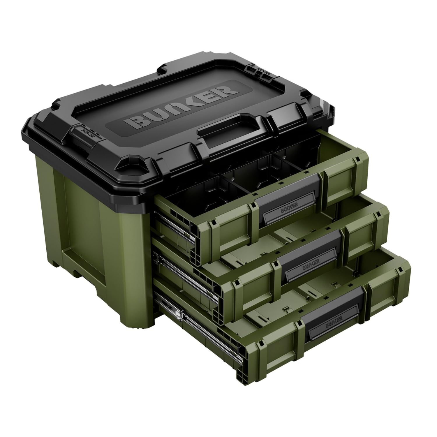 Bunker Green Load-Up Stacking Tool Box - 570Mm - 3 Drawer Organiser - Heavy-Duty Impact-Resistant Tool Chest - Smooth Auto Lock, Ball Bearing Drawers, Modular Tool System - Workshop Or Van Storage Drawers