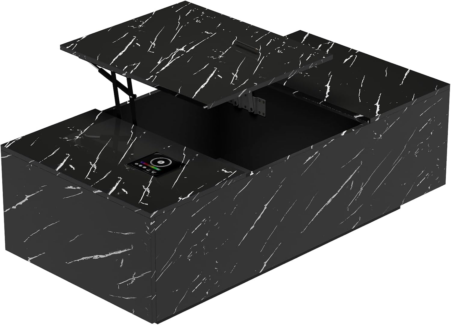 47" Modern LED Coffee Table with Lift Top, All Black Coffee Table with Storage High Gloss Surface, Hidden Storage with Drawer, Open Shelves, and Built-in Power Outlet for Living Room