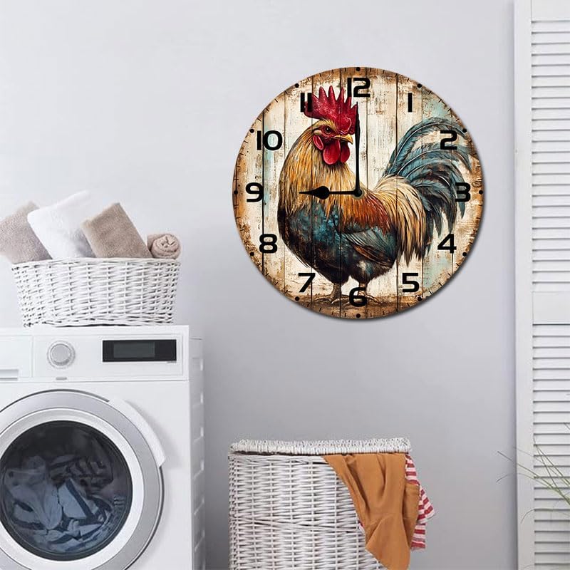 Miniatura 7 de Rooster Farmhouse - Reloj retro vintage de 10 pulgadas, reloj de pared de madera silencioso, funciona con pilas, diseño retro para cocina, sala de