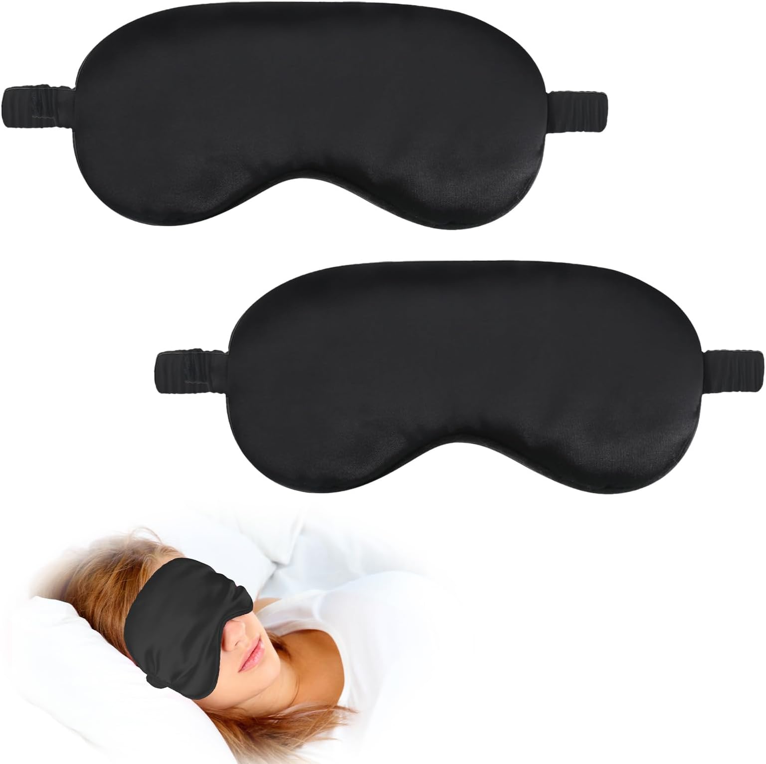 2 Pack Silk Sleep Mask Adjustable Silk Eye Mask for Sleeping Soft Sleeping Eye Shade Cover for Women Men Soft Blackout Eye Mask Satin Blindfold with Elastic Strap for Travel & Home-Black