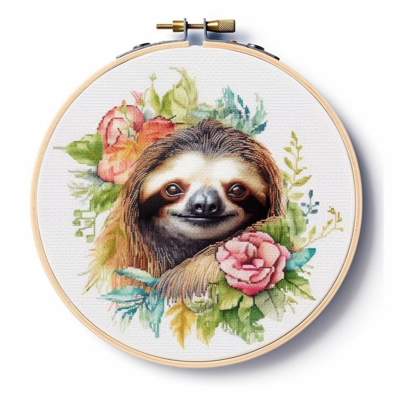 Generic Counted Easy Cross Stitch Kits Watercolor Sloth Color Stamped Embroidery for Starter Kits DIY 11CT Stamped Patterns Embroidery Needlework Kit Supplies 12 Inch Hoop Included(248-E)