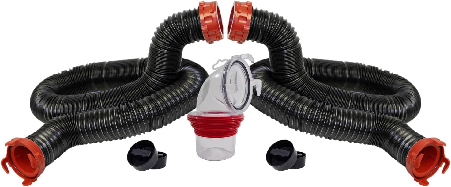 Valterra 20-Foot Dominator RV Sewer Hose Kit, Sewer Hose for RV Camper, Includes 2 Attachable 10-Foot Hoses with Rotating Fittings, 90 Degree Clearview Sewer Adapter, and 4 Drip Caps