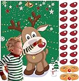 FINGOOO Pin The Nose on The Reindeer,Large Christmas Reindeer Poster Games for Kids Christmas Party Games