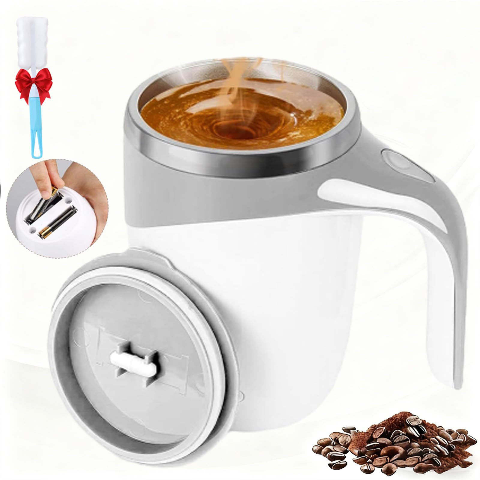 Automatic Magnetic Stirring Coffee Mug, Reusable Electric Stainless Steel Self, Electric Self Stirring Coffee Mug with Lid, Magnetic Stirring Cup Rotating Travel Mixing Cups (Grey-Battery)