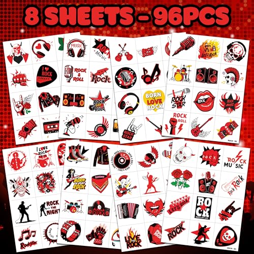 Image of 96 PCS Born to Rock and Roll Pre-Cut Temporary Tattoos for Kids | | Super Cute Themed Birthday Party Favors, Supplies, Decorations, Music Fake Tattoo Stickers Rewards & Gifts For Boys & Girls