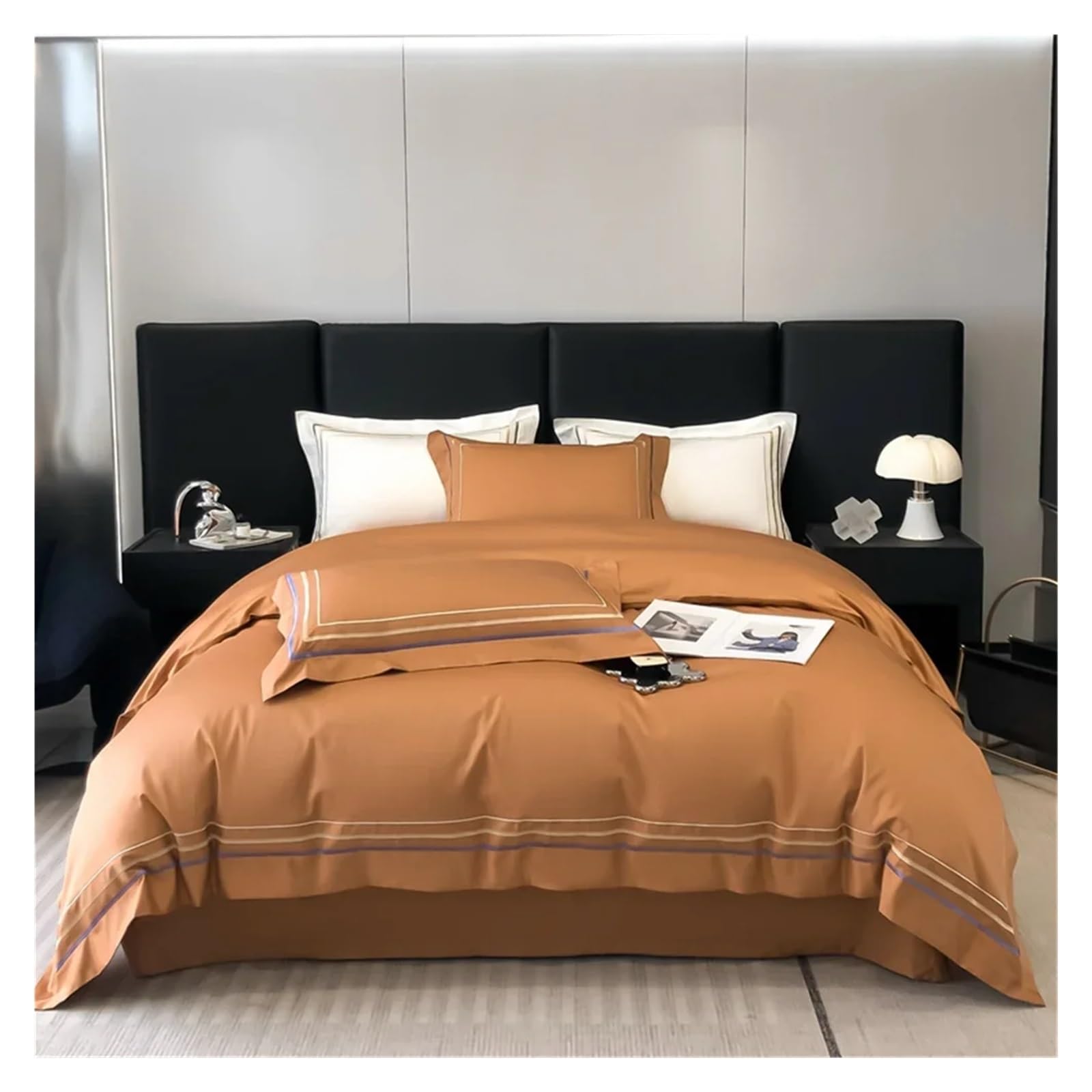 ZXGRfdefa Bedding Set, 100% Egyptian Cotton Bedding Cover Sets,Lines European Embroidery 600TC Duvet Set Queen King Size Bedlinens(Brown,Queen)
