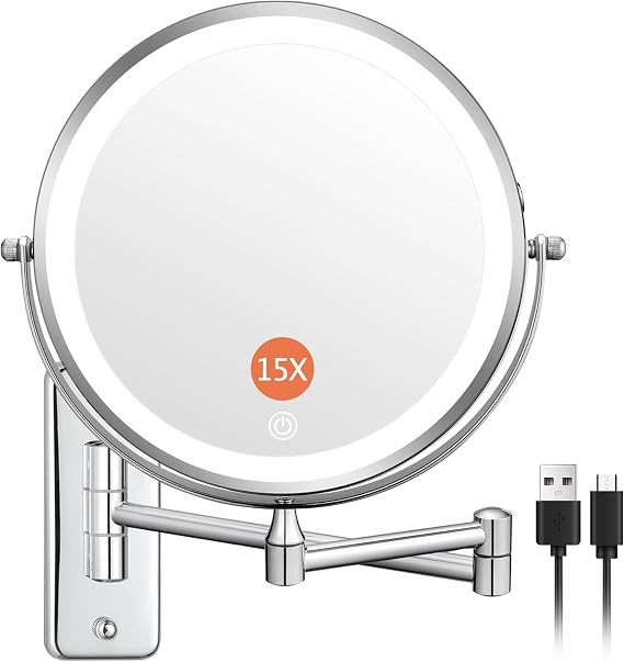 DECLUTTR Wall Mounted Lighted Makeup Mirror, Rechargeable 1X/15X Magnifying Mirror 8 Inch Double Sided, 3 Colors Vanity Mirror with Lights, Touch Dimmable 360 Rotation Foldable