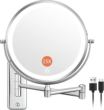 DECLUTTR Wall Mounted Lighted Makeup Mirror, Rechargeable 1X/15X Magnifying Mirror 8 Inch Double Sided, 3 Colors Vanity Mirror with Lights, Touch Dimmable 360 Rotation Foldable