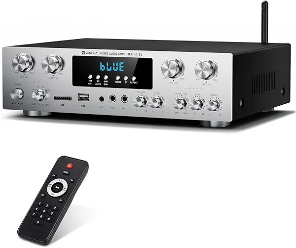 Vangoa Amplifier Home Audio 4 Channel, 440 Watt Wireless Stereo Receiver House Theater Sound Power Amplifiers Speaker Karaoke Amp w/Remote Control, USB/SD/2 Mic-in Echo/EQ/LED/AUX/FM for Studio Office