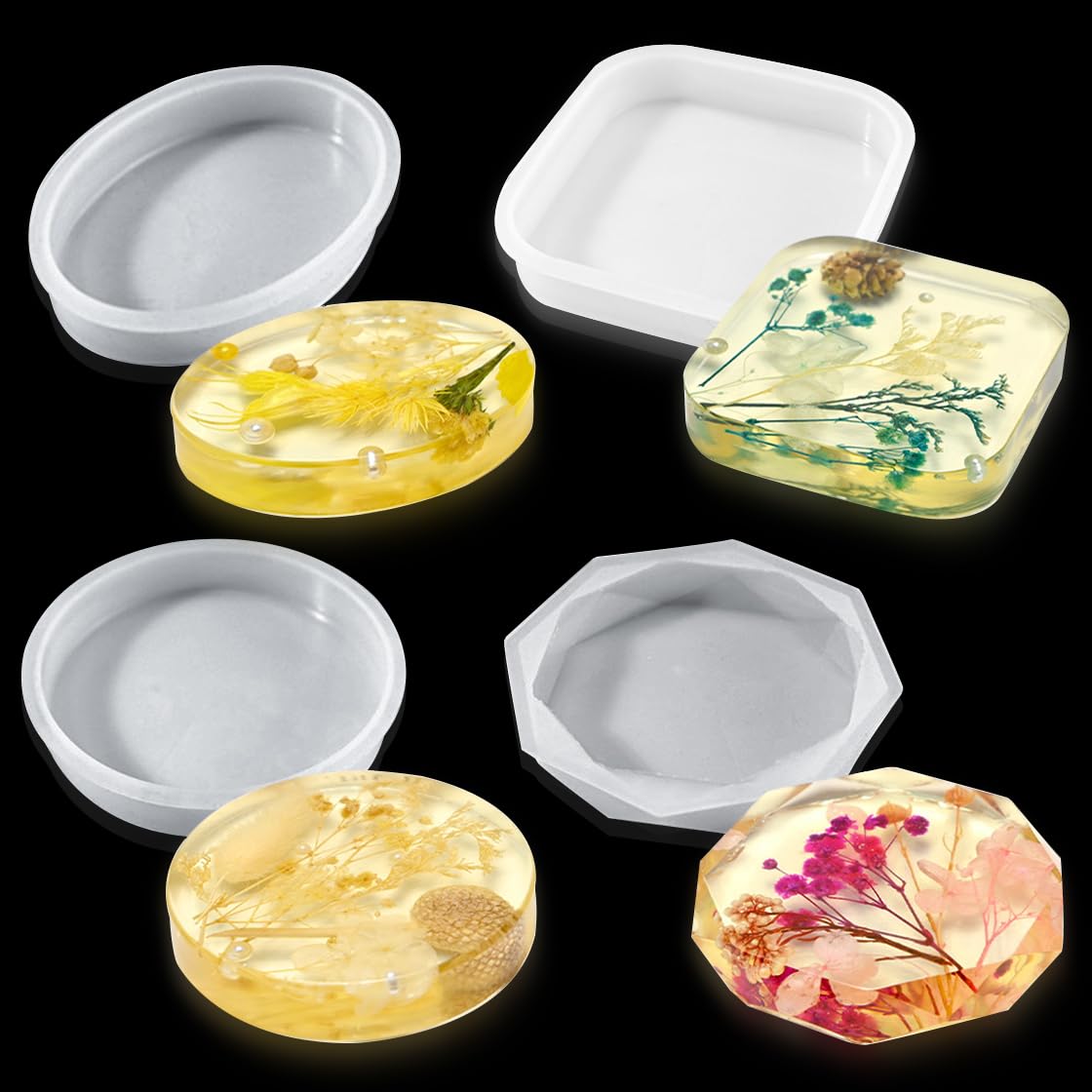 Resin Molds Kit 4PCS, Round Silicone Mold Square Casting Mold Oval Epoxy Mold Diamond Edge Crystal Mold for DIY Resin Craft, Soap, Paperweight, Coaster (4pcs)